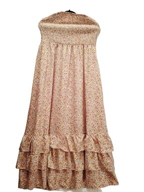 Strapless Floral Ruffle Maxi Dress Ditzy Cottage Core Smocked Pink Floral